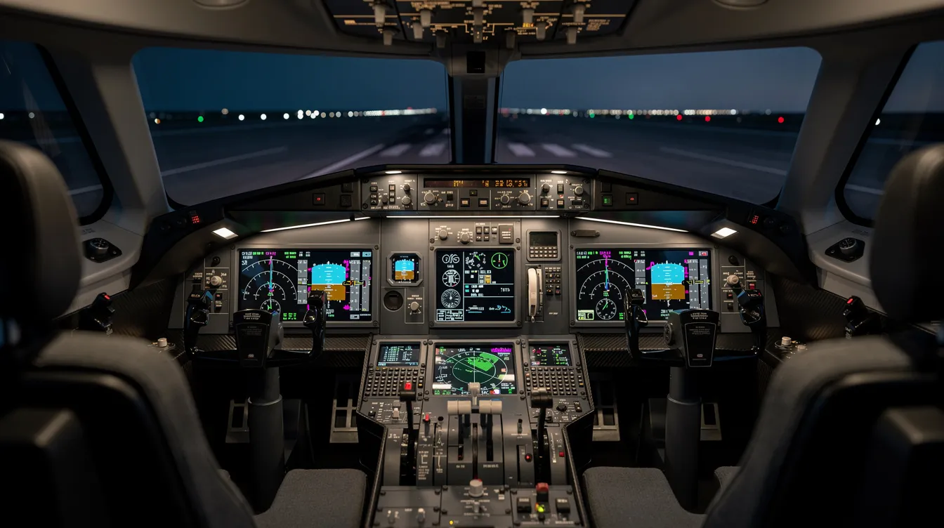 The image showcases the cockpit of a modern business jet, featuring advanced avionics displays and various instruments that provide flight data and real-time status updates. This high-tech environment is essential for private jet travel, ensuring efficient navigation and communication for private flights.