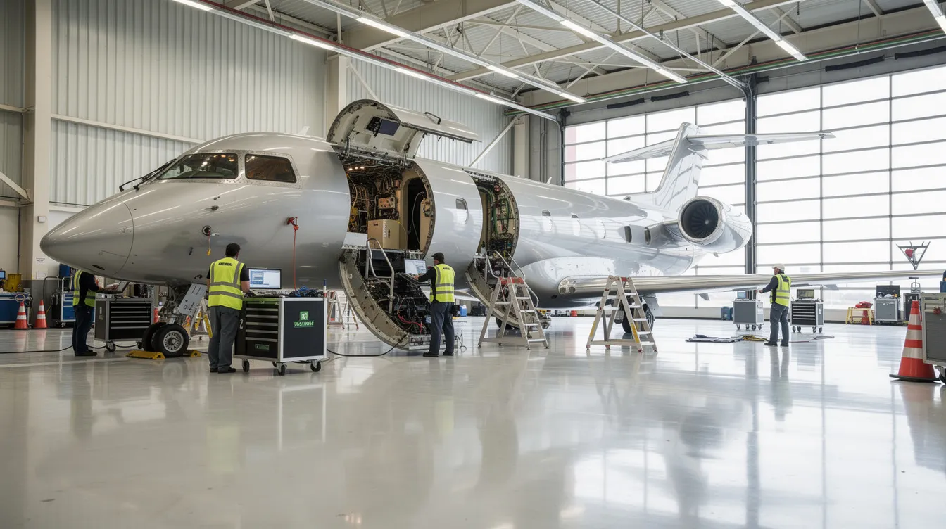 The image shows a business jet in a maintenance hangar with its panels open, while technicians are working on the aircraft. This scene highlights the essential maintenance process for private jets, ensuring their readiness for private flights and charter services.