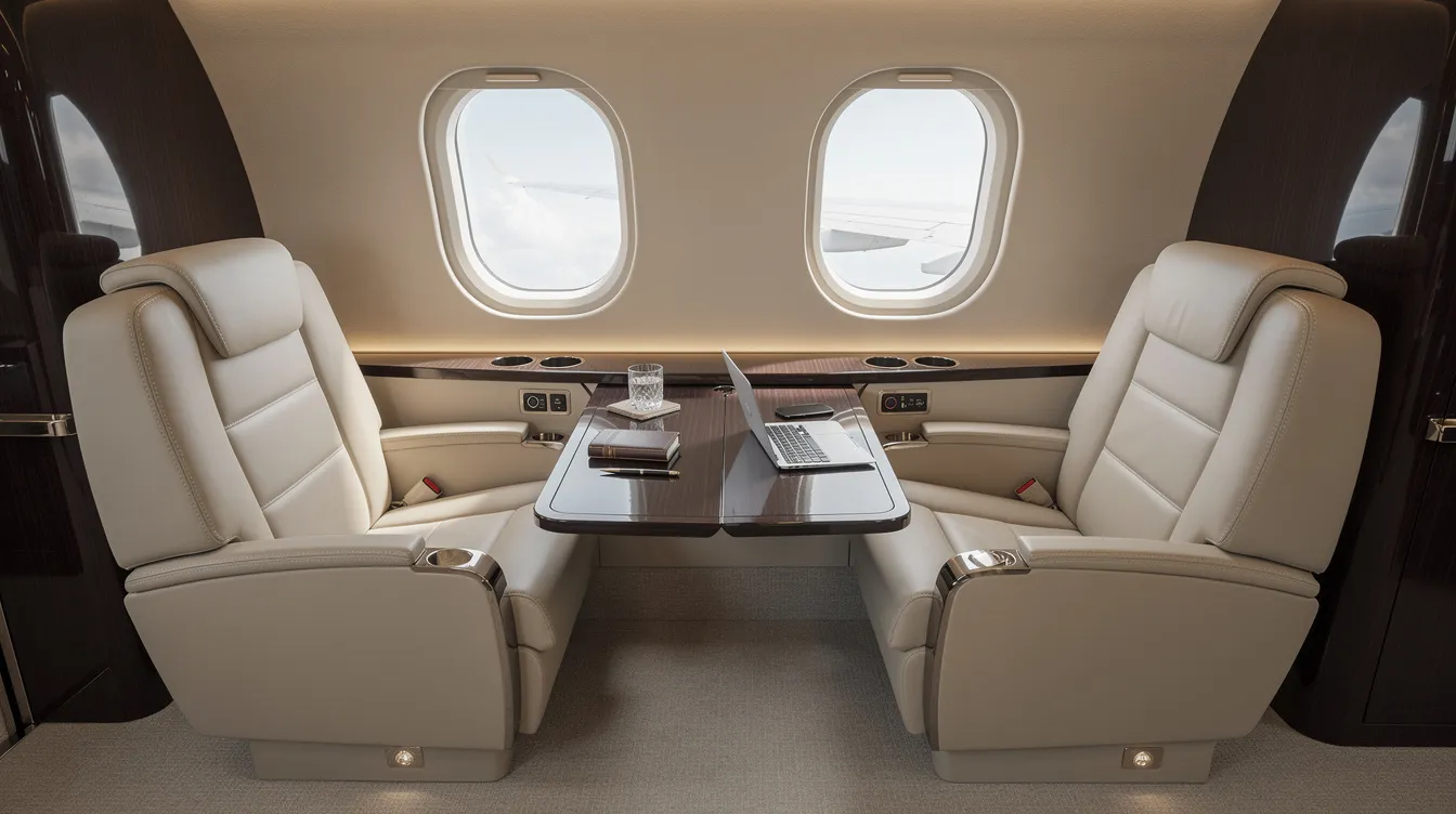 The image depicts the interior of a midsize business jet cabin, featuring plush leather seats arranged around a central work table, ideal for private jet travel. This luxurious setting highlights the comfort and functionality that fractional jet ownership offers to frequent flyers seeking guaranteed aircraft availability.