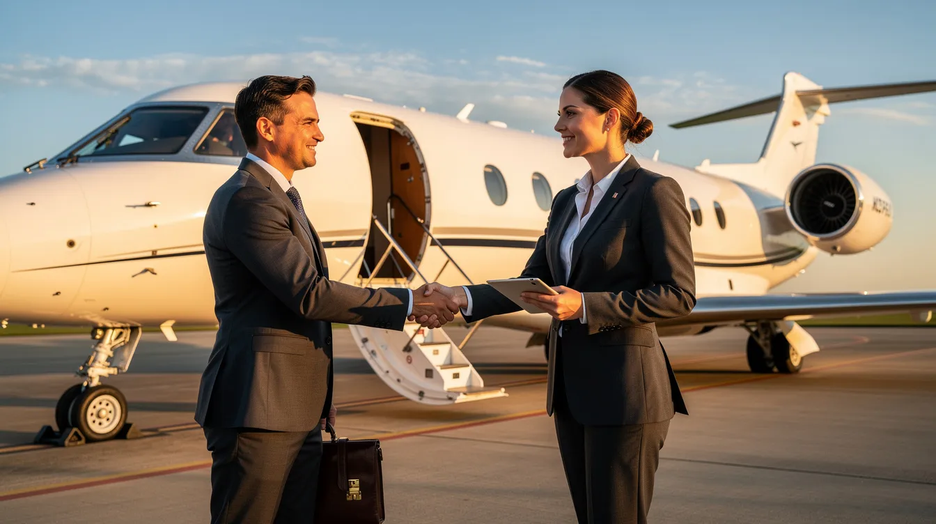 Two business professionals are shaking hands near a private aircraft on a ramp, symbolizing a successful partnership in private aviation. This scene highlights the benefits of fractional ownership and private jet travel, emphasizing the ease and efficiency of accessing aircraft for business and leisure.
