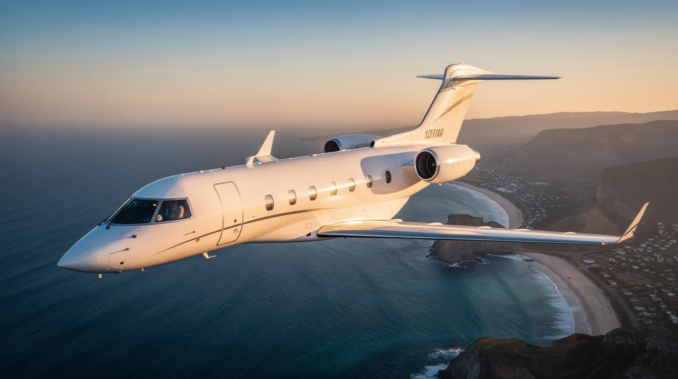 A private business jet soars above a picturesque coastal landscape, showcasing the elegance of private aviation. This image highlights the freedom and luxury of private jet travel, ideal for fractional ownership programs or on-demand charters.