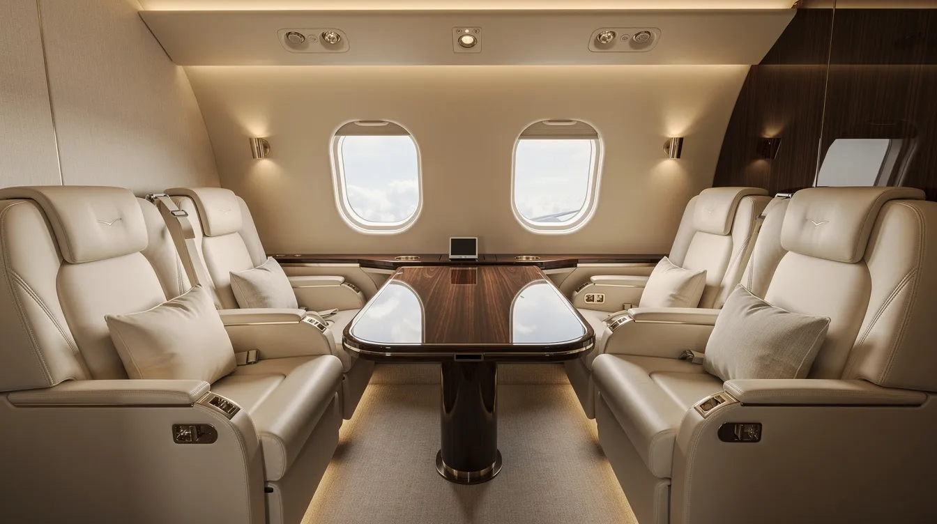 The image showcases a luxurious private jet cabin interior featuring cream-colored leather seats, warm ambient lighting, and a polished wood table, designed for the ultimate passenger comfort. This refined space reflects the elegance of business aviation, highlighting the sophistication expected in the Bombardier Global 8000 aircraft.