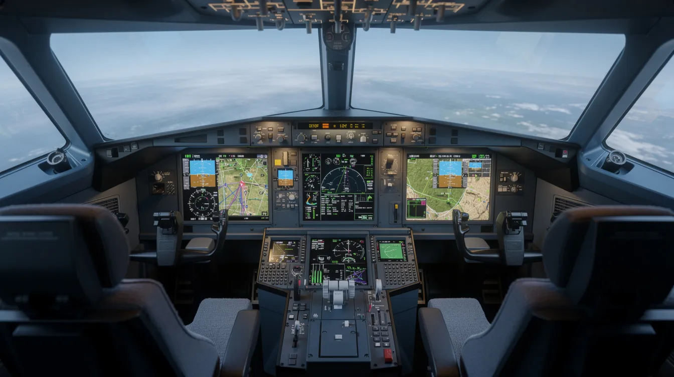 The image depicts a modern glass cockpit featuring multiple wide-screen displays that showcase navigation data and flight instruments, essential for piloting the Bombardier Global 8000, known as the world's fastest business jet. This advanced cockpit design enhances the flying experience in private aviation, emphasizing safety and efficiency for discerning travelers.