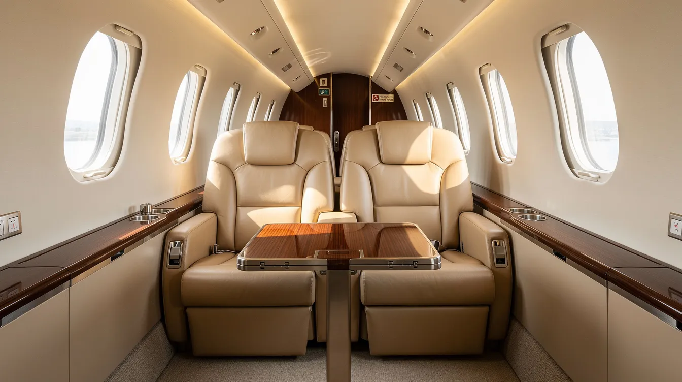 The interior of a super midsize business jet cabin features luxurious leather seats arranged in a club configuration, allowing for comfortable interaction among passengers. Natural light floods the space through oval windows, enhancing the overall ambiance of this private aircraft designed for business aviation.