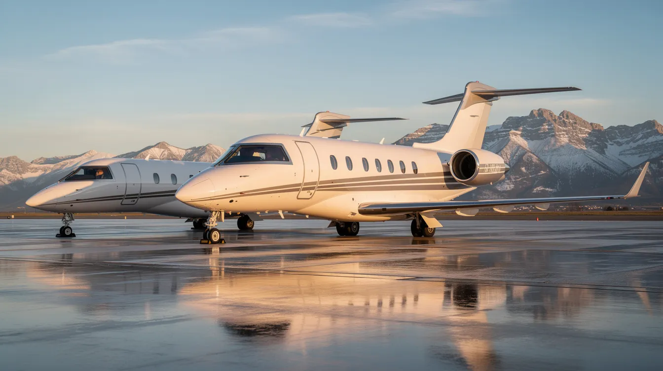 The image features three distinct business jets of varying sizes parked on an airport ramp, with majestic mountains in the background, showcasing the diversity in business aviation. These private jets symbolize the efficiency and luxury of private flights, catering to different client needs and preferences.