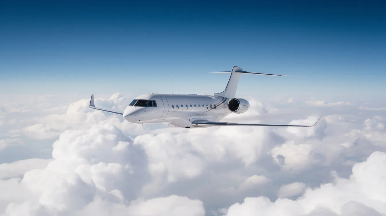 A sleek private jet soars above fluffy white clouds against a backdrop of a clear blue sky, showcasing the luxury and performance of modern business jets. This image captures the essence of private air travel, ideal for those considering private jets for sale or seeking the ultimate in cabin comfort and efficiency.
