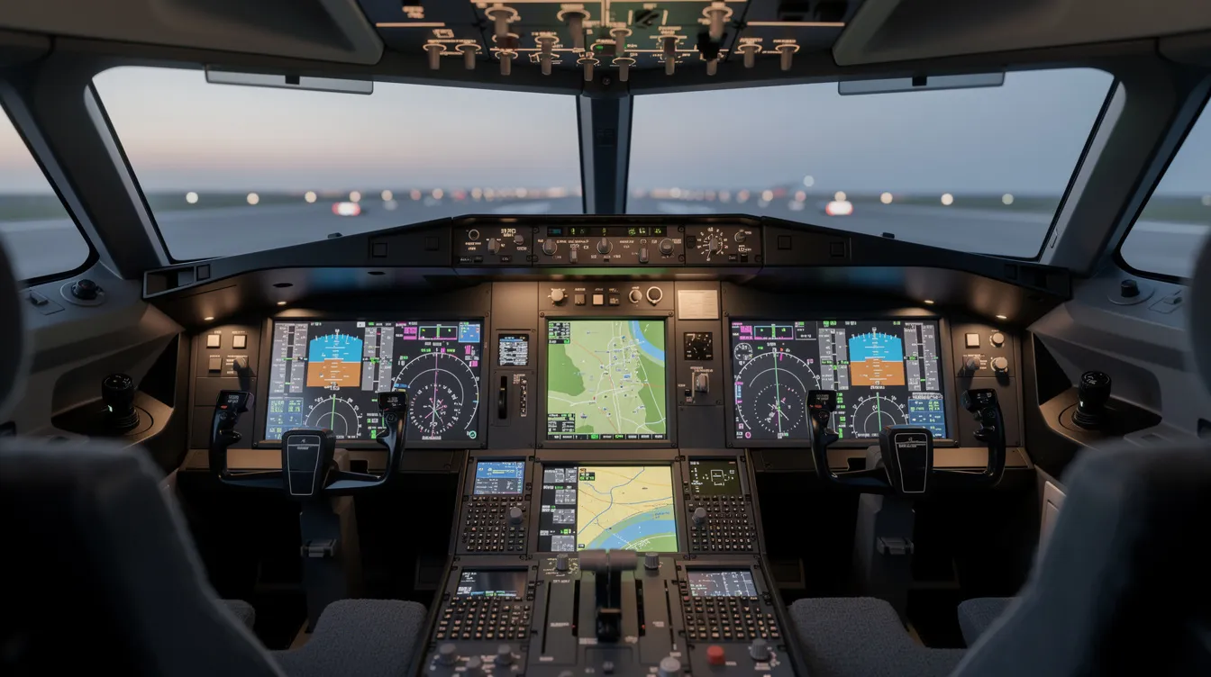 The image depicts a modern glass cockpit featuring multiple digital displays that showcase essential flight instruments and navigation data, emphasizing the advanced technology found in luxury private jets. This cockpit design enhances operational efficiency and passenger safety for business jets and private jets for sale.