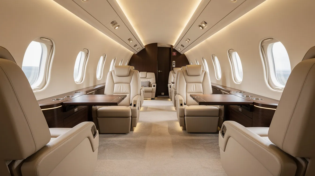 The image depicts the interior of a spacious large-cabin business jet, featuring luxurious leather seats arranged for optimal cabin comfort and space. This elegant design highlights the sophistication of private jets, making it ideal for both business and personal travel.