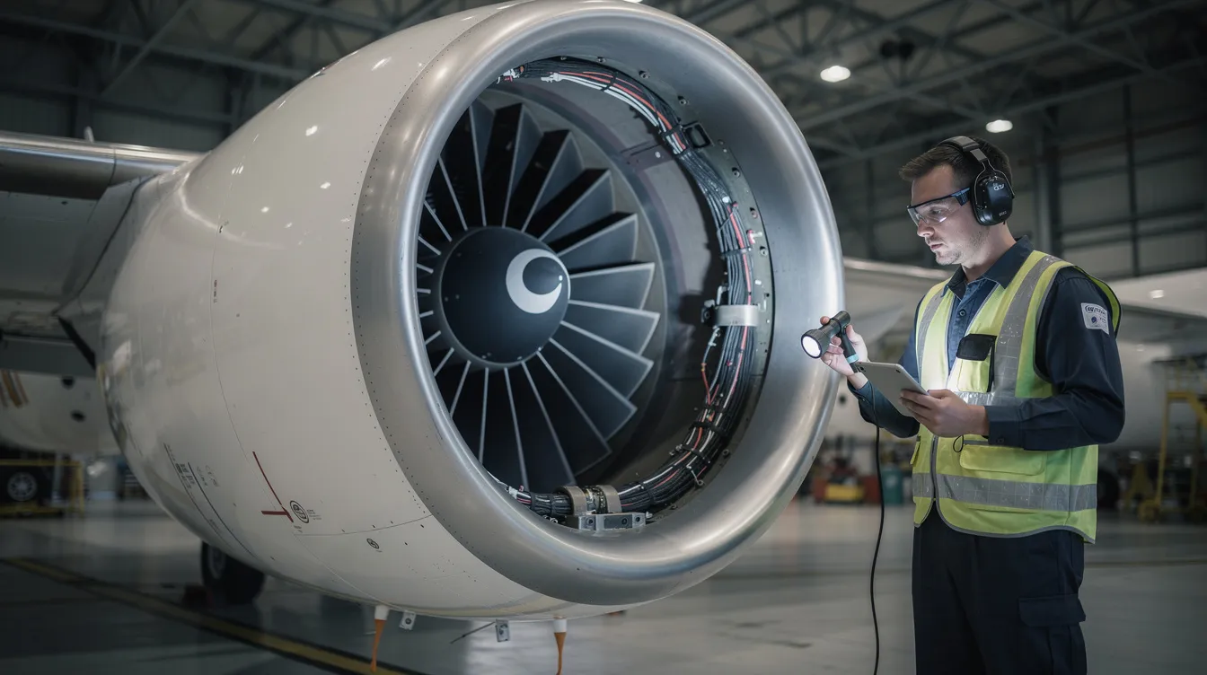 A technician closely inspects a jet engine inside a hangar, highlighting the intricate components of the engine. This scene emphasizes the maintenance and care required for private jets, essential for ensuring optimal performance in aircraft sales and operations.