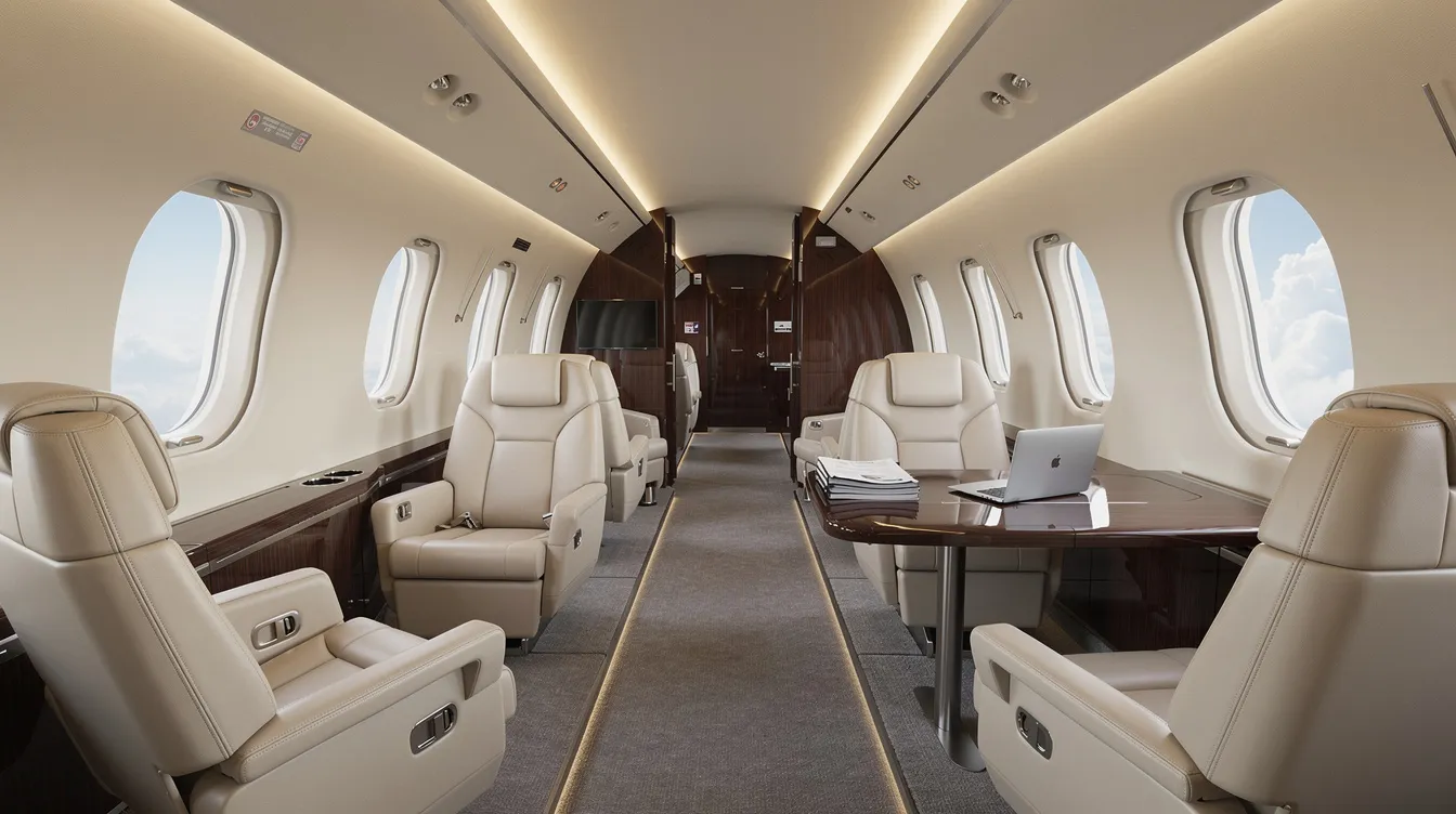 The image showcases the interior of a spacious private jet cabin, featuring plush leather seats, a stylish work table, and large windows that allow natural light to flood the space. This luxurious setting exemplifies the comfort and elegance found in private jets, ideal for corporate travel in the United Arab Emirates or beyond.