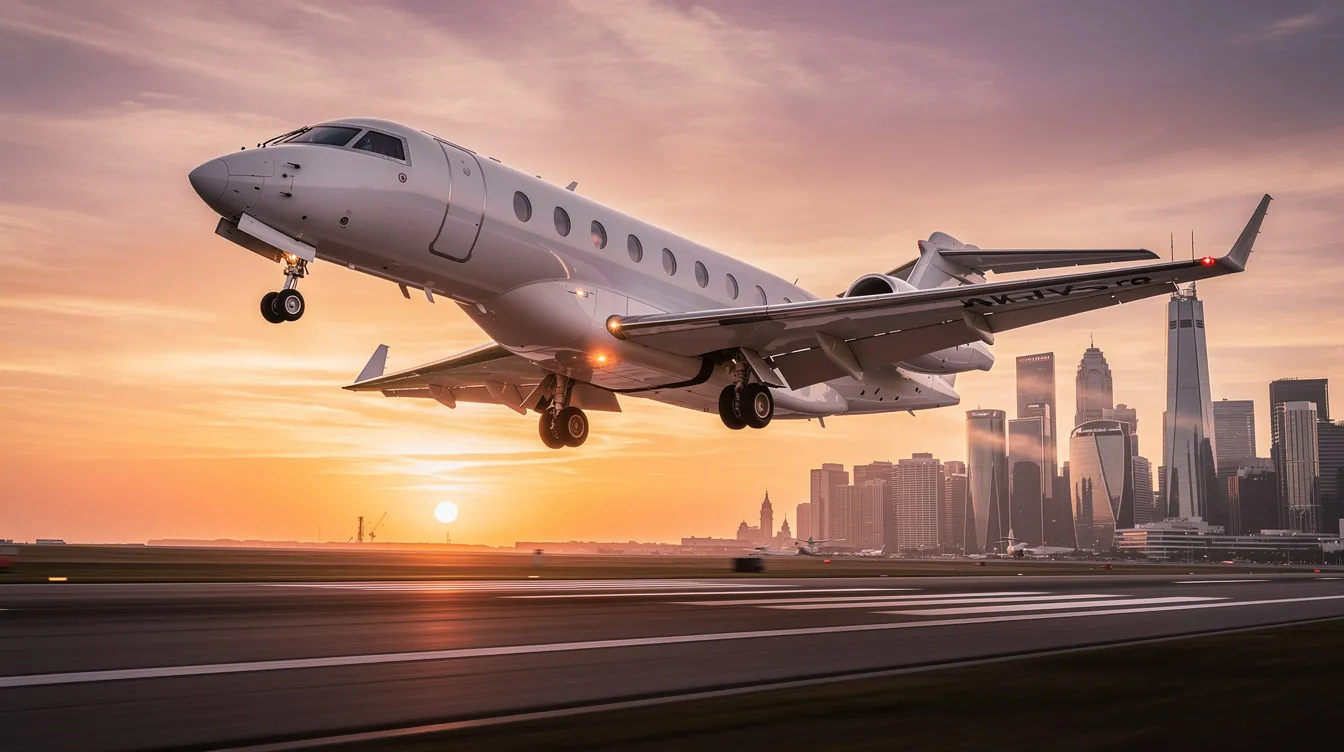 A private jet is taking off against a vibrant sunset sky, with a modern city skyline in the background, showcasing the allure of private jets for sale in Dubai. The scene captures the elegance and sophistication of jet aircraft as it ascends into the evening sky.