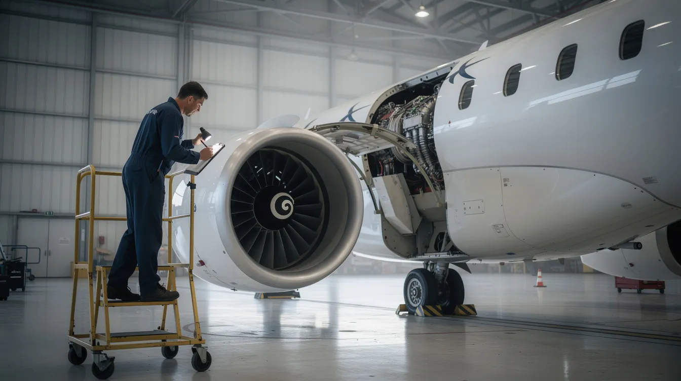 A maintenance technician in blue coveralls is inspecting the engine of a large private jet inside a hangar, ensuring the aircraft's performance and safety. The hangar environment is spacious, emphasizing the scale of the jet, which is a vital part of private aviation and luxury travel options.