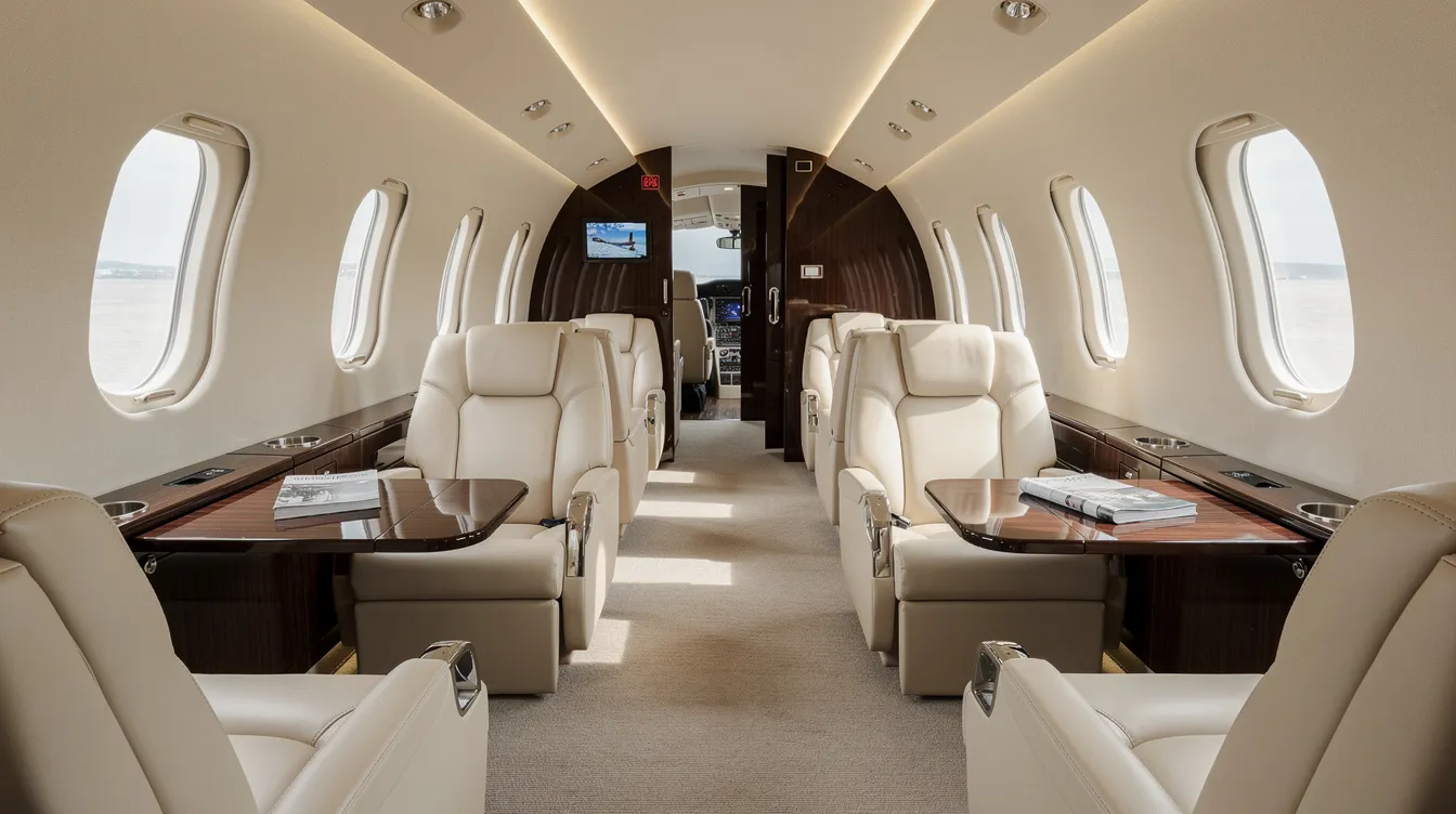 The image depicts the luxurious interior of a spacious large-cabin private jet, featuring cream leather seats and polished wood accents that enhance the cabin comfort. This elegant setting is ideal for private aviation, showcasing a perfect aircraft for those interested in private jets for sale in Miami.