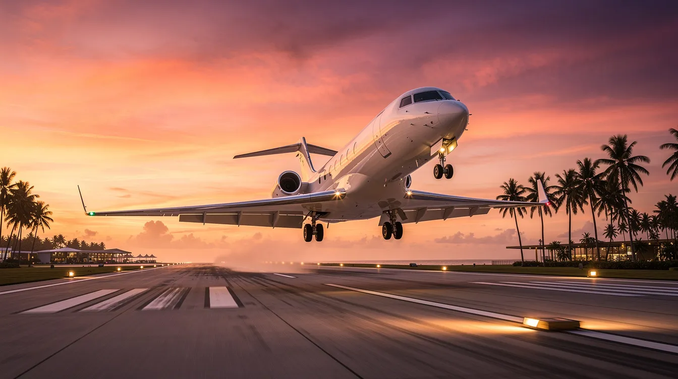 A private jet is taking off from a runway with a stunning tropical sunset in the background, framed by palm trees. This scene captures the essence of private aviation, showcasing the elegance of jet aircraft against a picturesque Miami landscape.