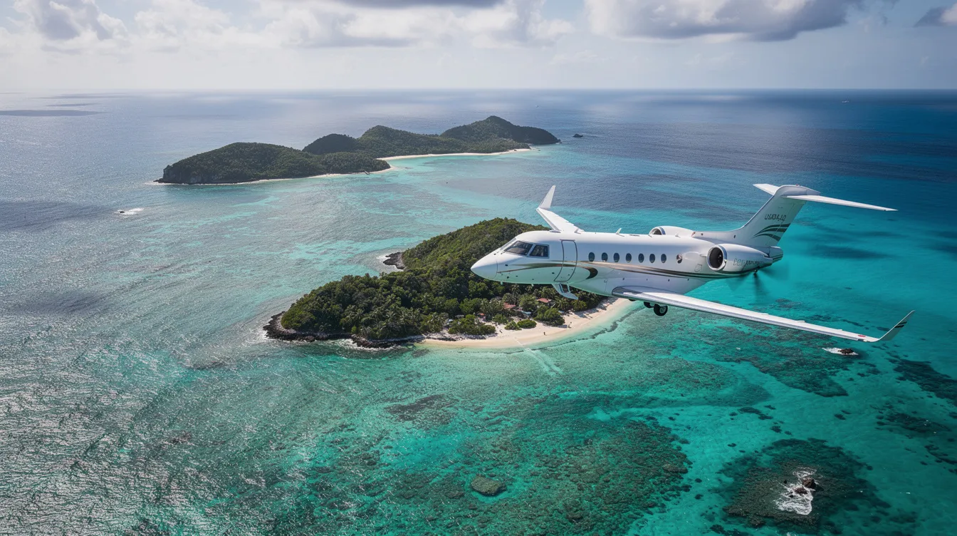 A private jet soars over stunning turquoise waters, casting a shadow on lush green tropical islands below. This picturesque scene highlights the beauty of travel in the Philippines, where luxury aircraft like light jets and turboprop aircraft can take you to exotic destinations.