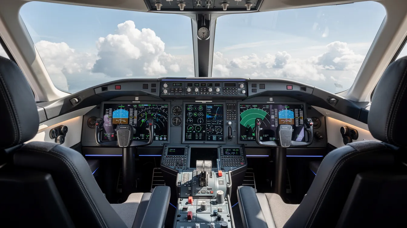 The image shows a modern private jet cockpit equipped with advanced digital avionics displays, offering a clear view of fluffy clouds through the large windshield. This luxurious cockpit design is ideal for business travel and private flights, showcasing the sophistication of private jets available for sale in the Philippines.
