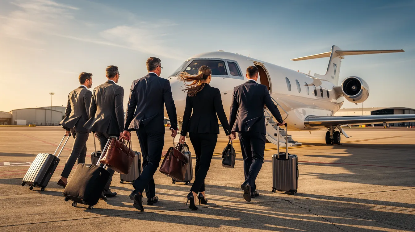 A group of business professionals in suits is walking toward a luxurious private jet on a sunny tarmac, likely at an airport in the Philippines. The scene captures the essence of high-end travel, emphasizing the accessibility and elegance of private aviation.