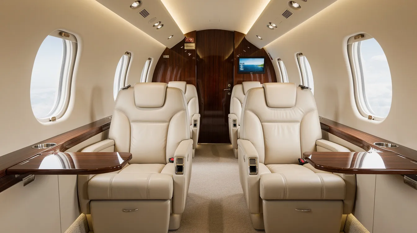 The image depicts the luxurious interior of a private jet cabin, featuring plush leather seating and elegant wood veneer accents, designed for comfort and style. This sophisticated environment is ideal for private flights and charter services, providing a glimpse into the high standards of private jet travel.