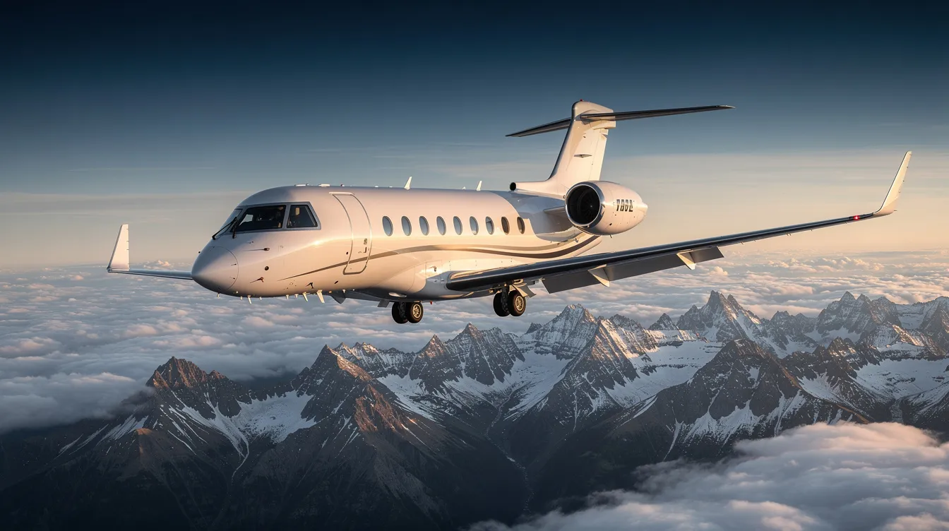 A large-cabin private jet soars high above fluffy clouds, with breathtaking mountains visible below, showcasing the luxury and elegance of business jets in flight. This scene captures the essence of private jet charter services, emphasizing the freedom and style of private flights over stunning landscapes.