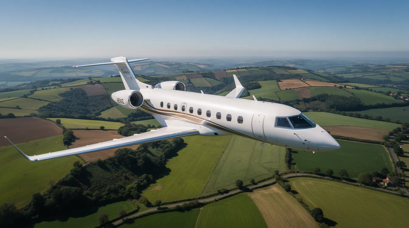 A sleek modern private jet soars above lush green countryside under a clear blue sky, showcasing the elegance of private aviation and the freedom of personalized travel. The aircraft represents the luxury and convenience of private flights, providing access to remote locations while cruising at high speeds.