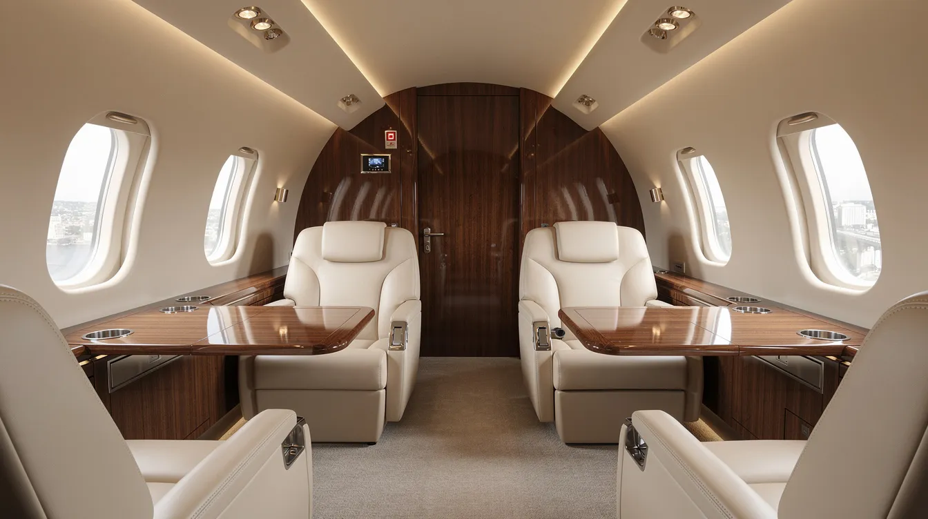 The image depicts the interior of a modern private jet cabin featuring luxurious cream leather seats and elegant wood veneer panels, designed for comfort and style in private aviation. This sophisticated space exemplifies the high standards of business travel, offering a serene environment for passengers on private flights.