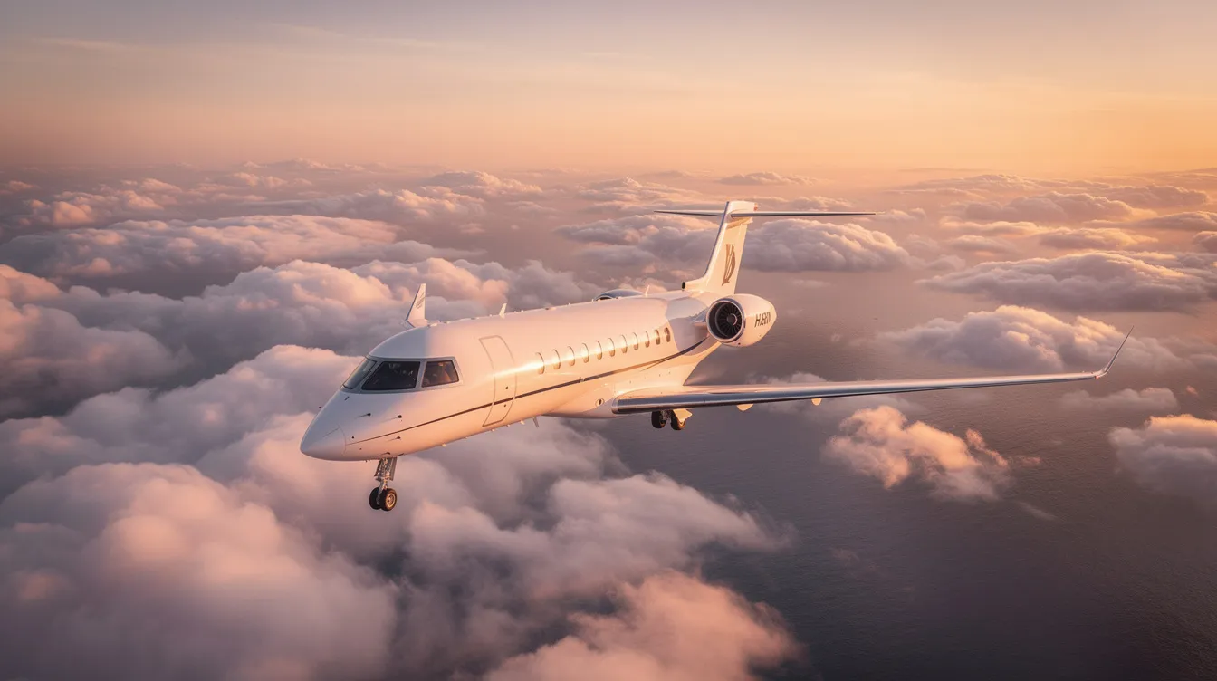 A private jet flies gracefully over a vast ocean, with fluffy clouds below, as the golden hour casts a warm glow over the scene. This ultra long range aircraft is designed for luxurious private aviation, offering features like dedicated bedrooms and lie flat beds for ultimate comfort during long haul flights.