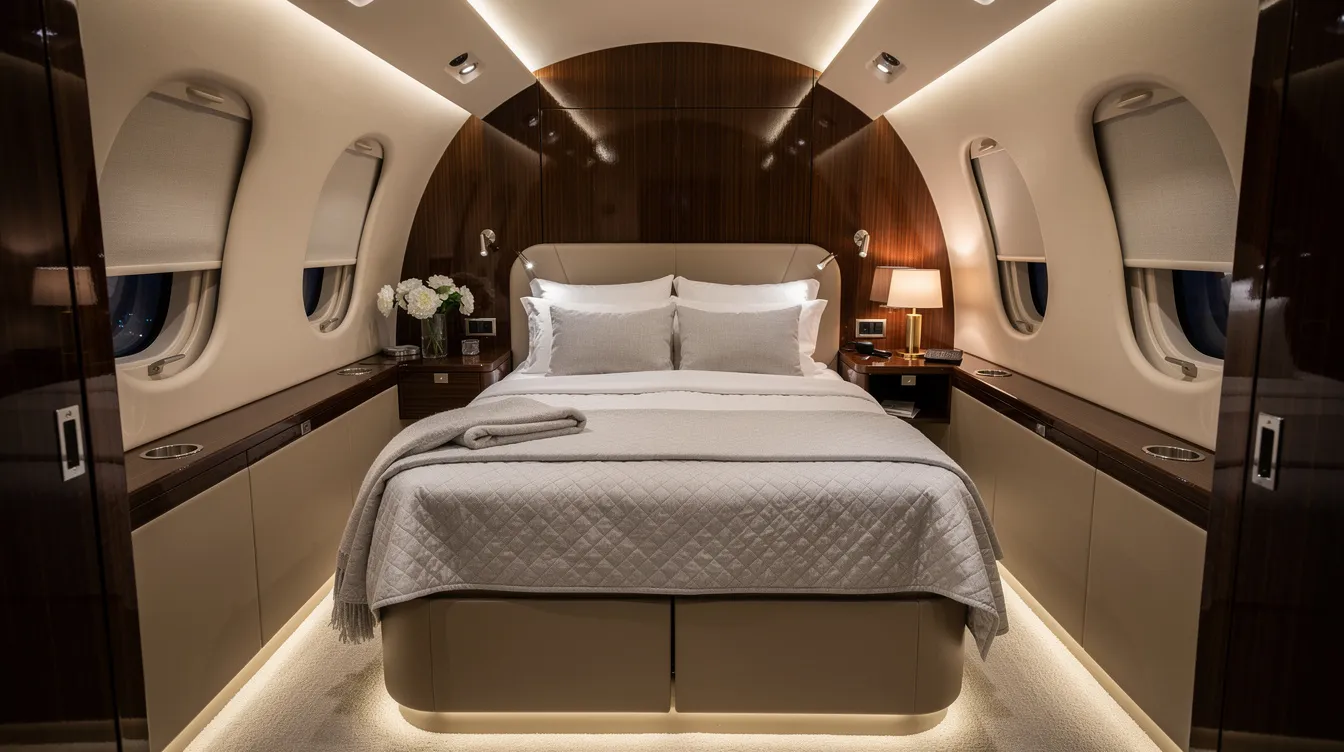 The image depicts the aft stateroom of a large business jet, featuring a neatly made double bed surrounded by soft ambient lighting, creating a luxurious and comfortable atmosphere. This private jet bedroom offers a serene environment for travelers, ideal for long haul flights and ensuring they arrive refreshed.