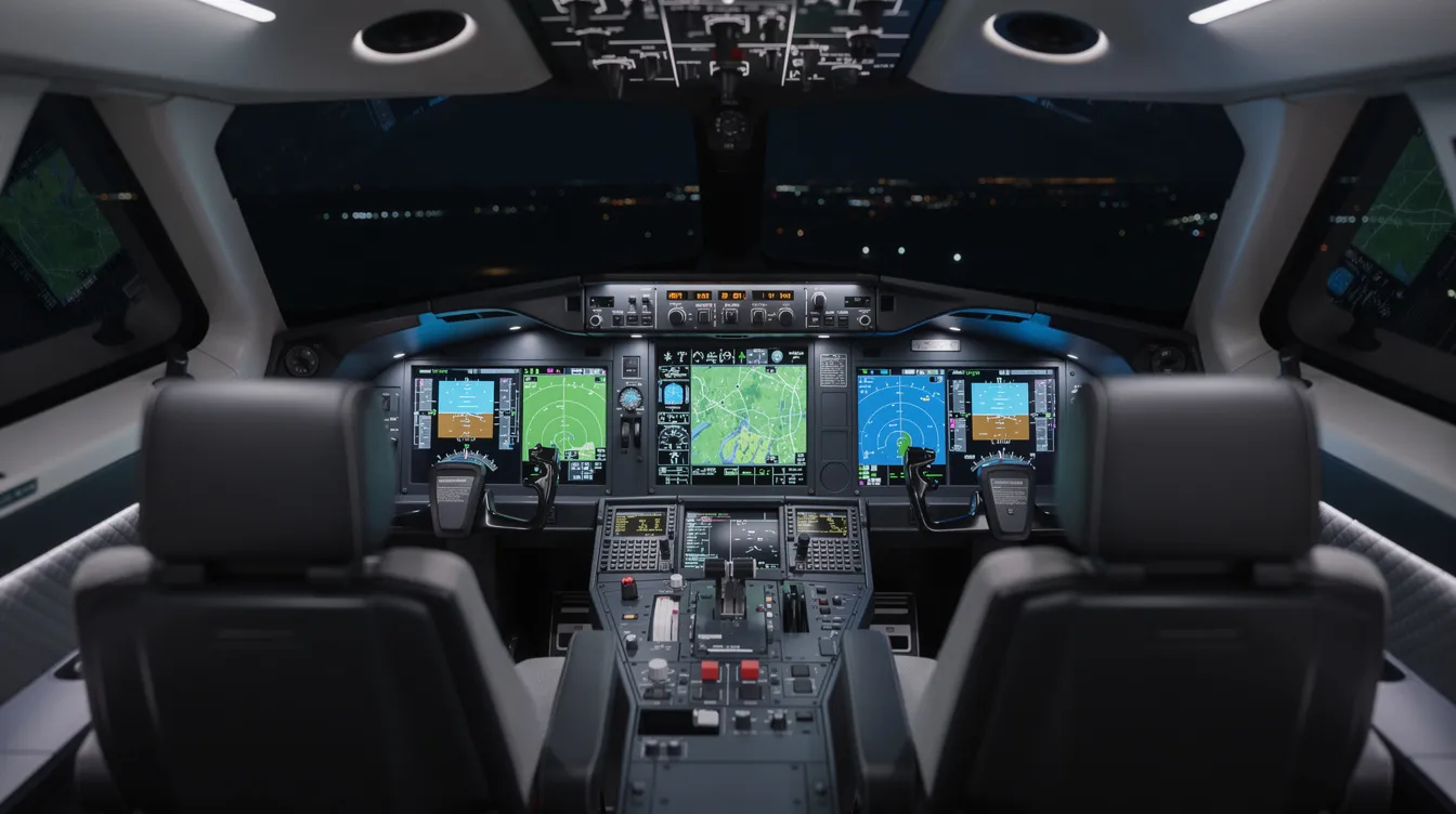 The image depicts a modern private jet cockpit interior illuminated at night, showcasing sleek glass displays and advanced avionics, emphasizing the luxury and technology of private aviation. This high-tech environment is designed for pilots to ensure safety and efficiency during charter flights, reflecting the exclusive benefits of private jet travel.