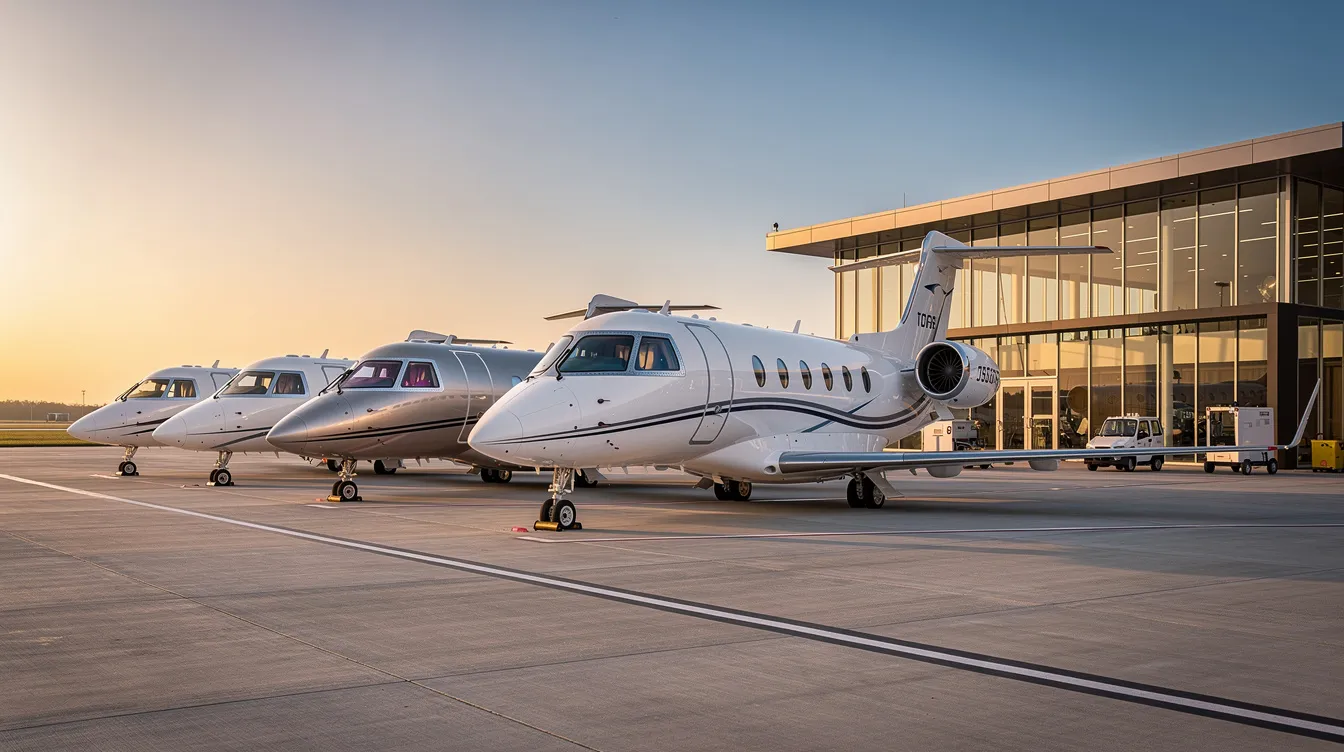 A row of sleek private business jets is parked at a modern FBO facility, with a contemporary terminal building visible in the background, showcasing the luxury and convenience of private aviation. This scene highlights the exclusive benefits of private jet travel, ideal for aircraft owners and charter flight enthusiasts.