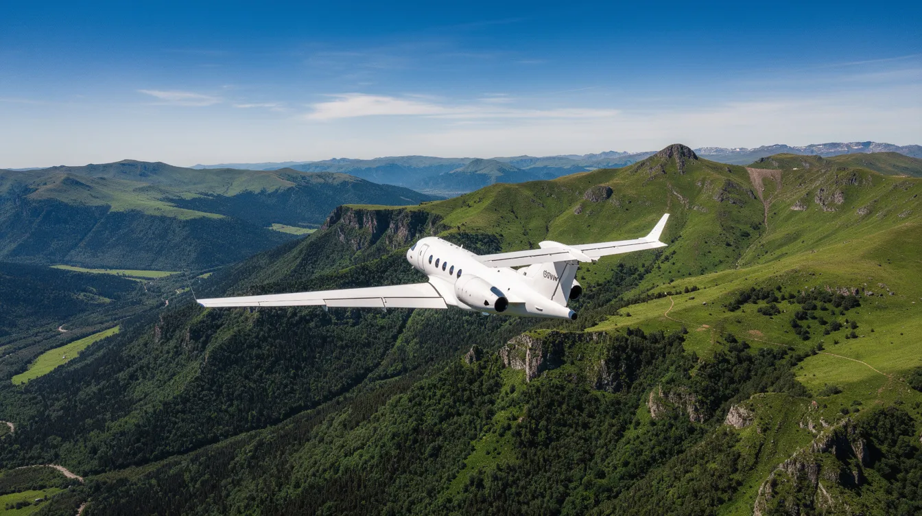 A very light jet soars gracefully over lush green mountains on a clear day, showcasing the beauty of private aviation and the efficiency of economical private jets. The aircraft, part of the very light jet category, exemplifies the modern design and fuel efficiency that appeals to private jet owners and enthusiasts alike.