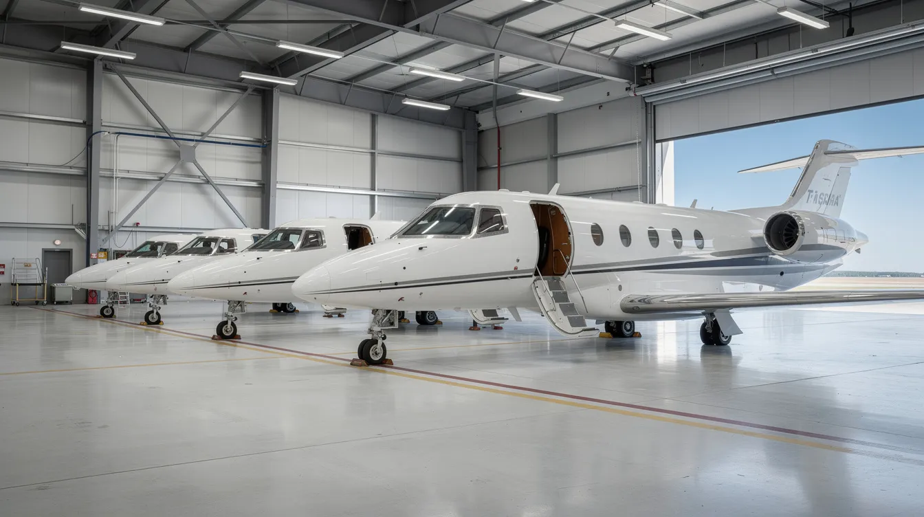 The image shows a row of small business jets, including very light jets and light jets, parked inside a well-lit aircraft hangar, highlighting the appeal of affordable private aviation options for private jet owners. The spacious environment emphasizes the modern design and efficiency of these economical private jets.