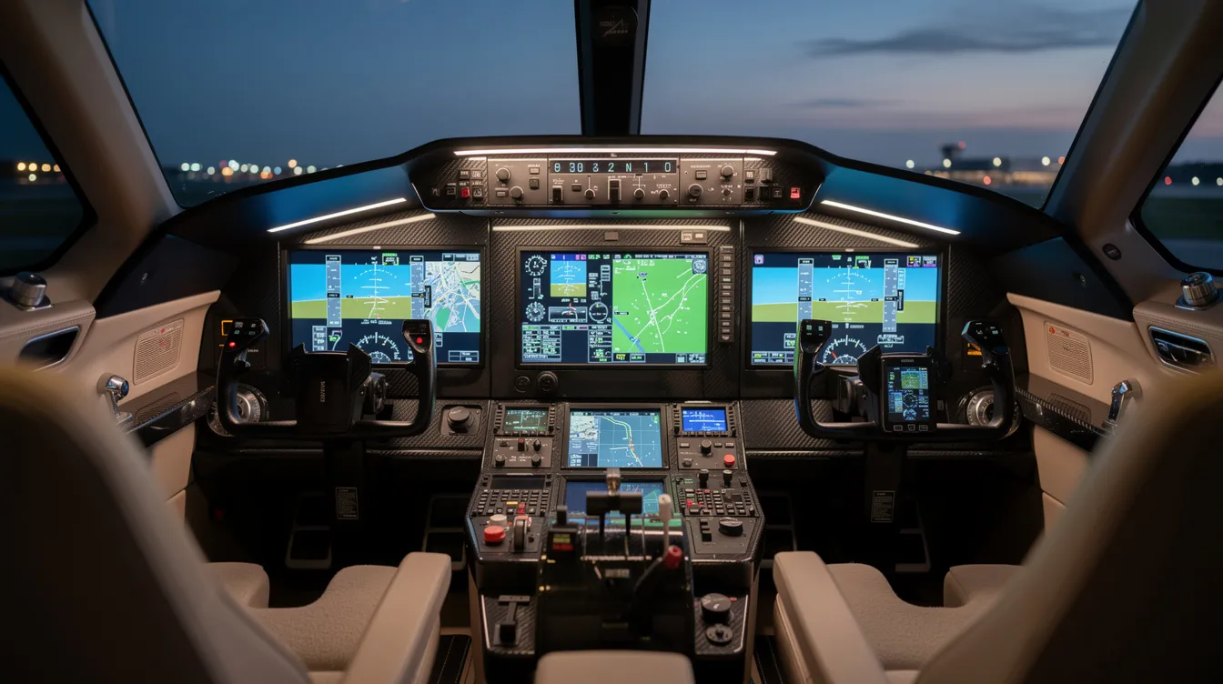 The image depicts a modern private jet cockpit featuring illuminated glass panel avionics displays, showcasing advanced technology used in private aviation. The sleek design emphasizes the sophistication of private jets, making it an ideal setting for experienced pilots and private jet owners.
