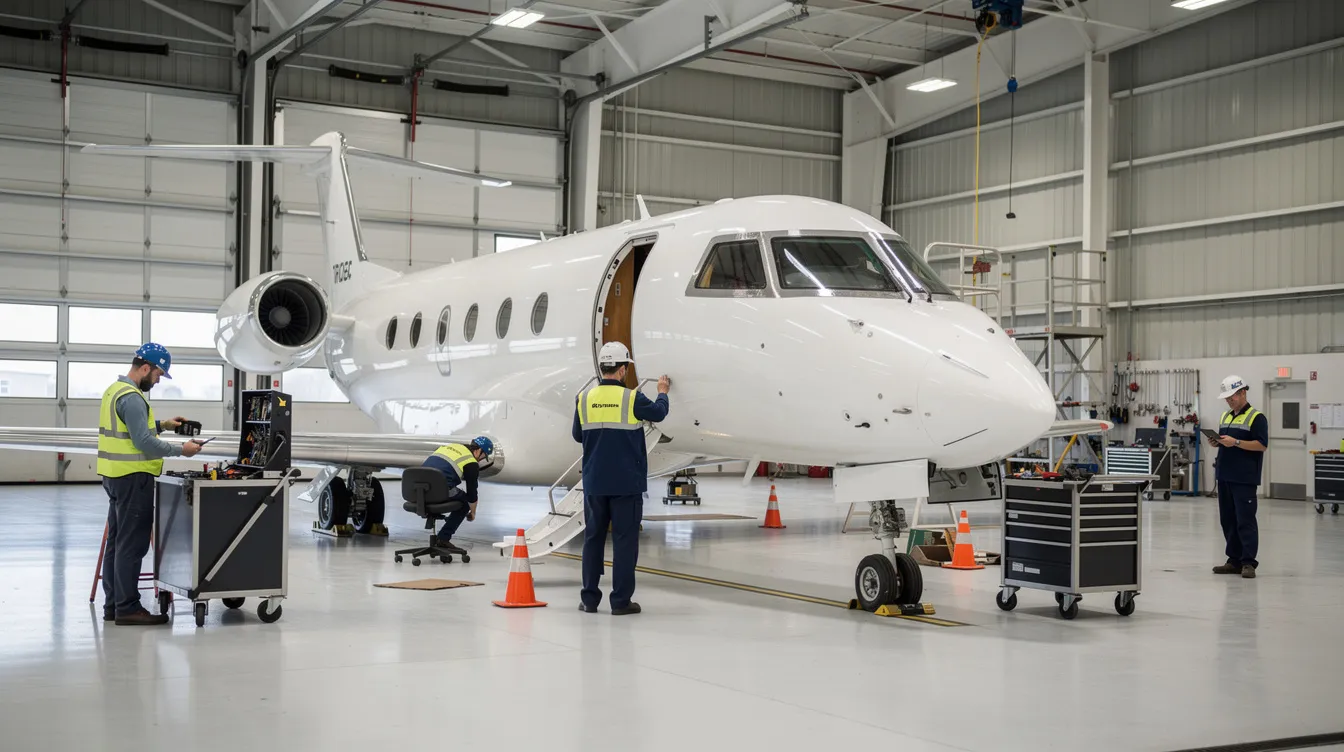 The image shows a private jet inside a well-lit hangar, where mechanics are diligently performing maintenance tasks on the aircraft. The scene captures the essence of private aviation, highlighting the importance of upkeep for safe and efficient private jet flights.