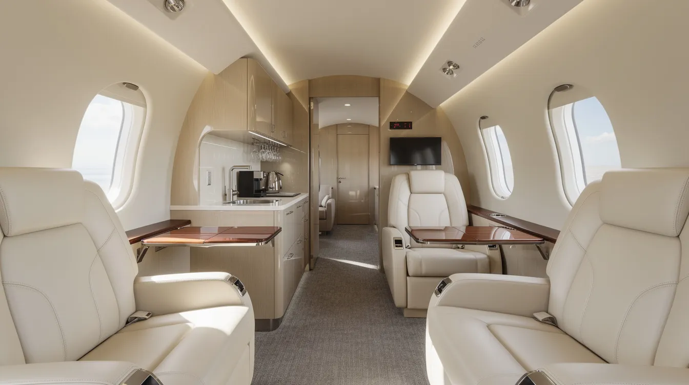 The image depicts the interior of a light jet cabin featuring cream leather seats and a compact galley area, designed for comfort and convenience during private jet flights. This elegant space is ideal for business travelers seeking a luxurious experience in private aviation.