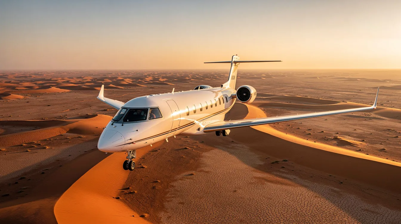 A sleek private jet soars above an arid desert landscape, bathed in the warm glow of golden hour. This striking scene showcases the allure of private aviation, emphasizing the freedom and luxury of flying in a private aircraft.