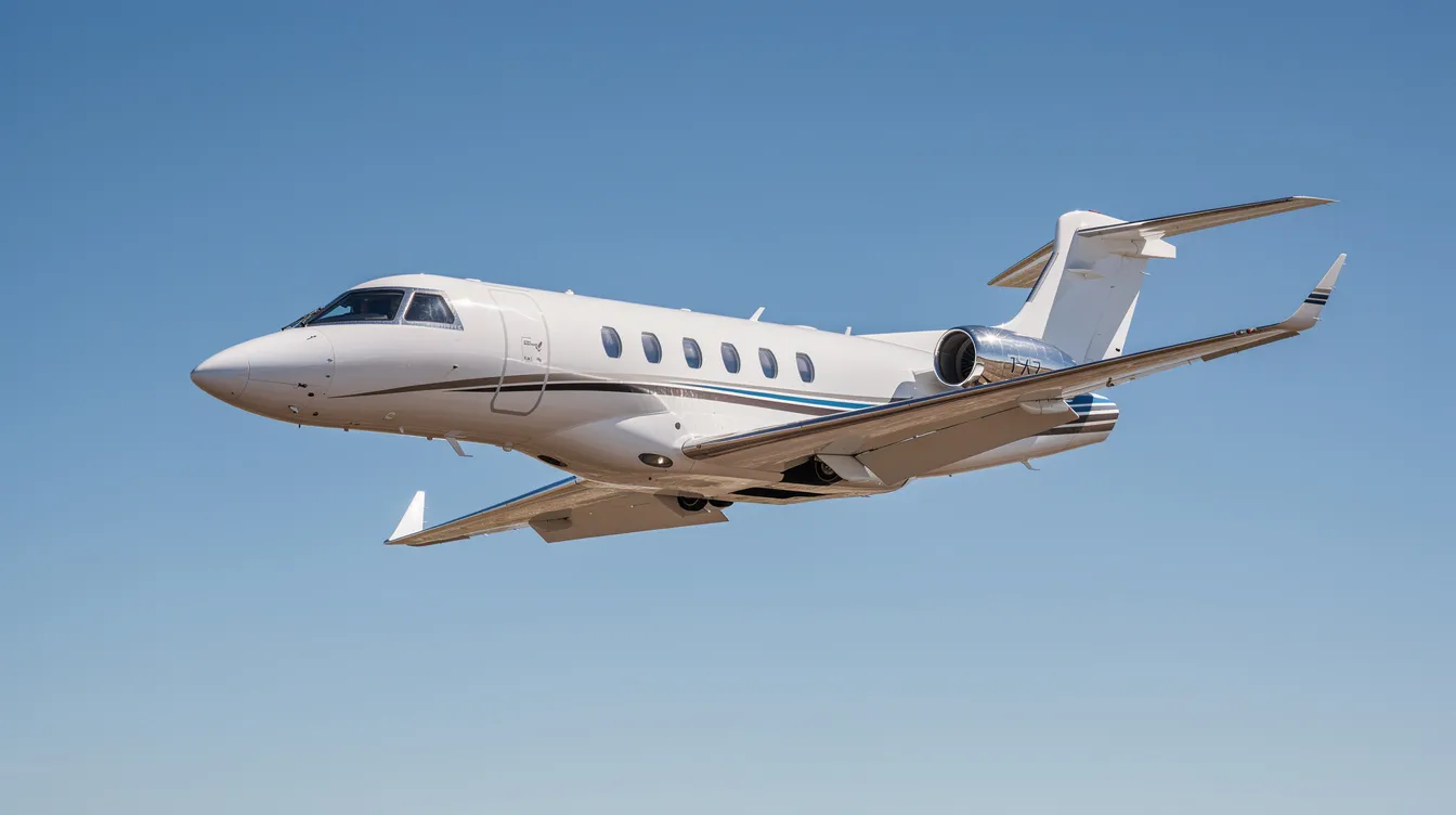 A very light jet soars through a clear blue sky, its fuselage gleaming in the sunlight, showcasing the sleek design typical of private jets. This image captures the essence of private aviation, highlighting the elegance and efficiency of very light jets in flight.