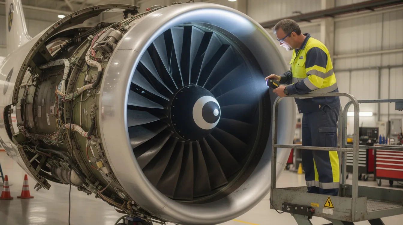 A maintenance technician inspects a close-up view of a jet engine inside a hangar, highlighting the intricate components essential for private aviation. This scene emphasizes the importance of regular maintenance for private jets to ensure safety and efficiency in flight operations.