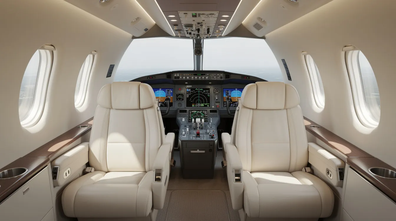 The image depicts the interior cabin of a light jet, featuring plush leather seats designed for comfort and modern avionics displays in the cockpit, highlighting the luxurious experience of private aviation. This setup is ideal for private jet owners and those interested in private jet travel, showcasing the sophisticated design and technology found in very light jets.