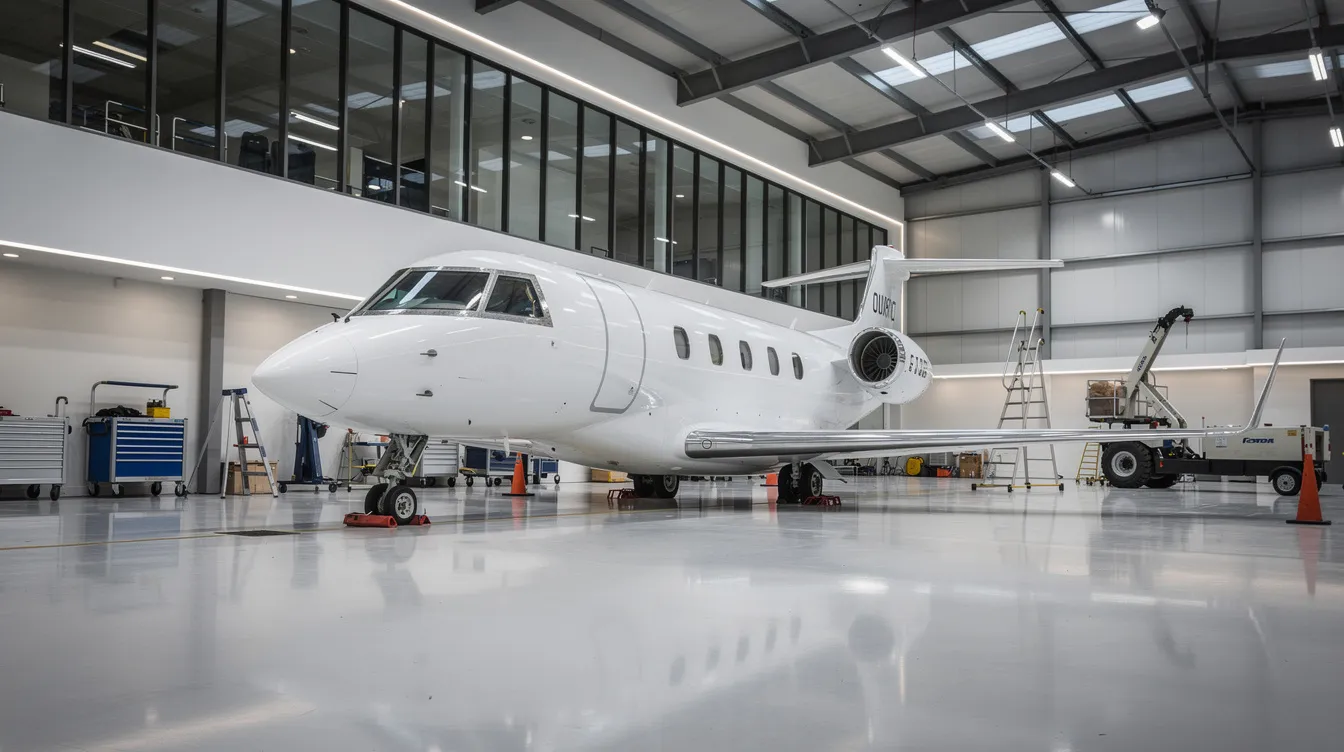 A private jet is parked inside a spacious, well-lit modern hangar, surrounded by various maintenance equipment, highlighting the meticulous care involved in private aviation. This scene illustrates the luxury and operational aspects of owning a private aircraft, emphasizing the importance of hangar fees and maintenance for private jet owners.