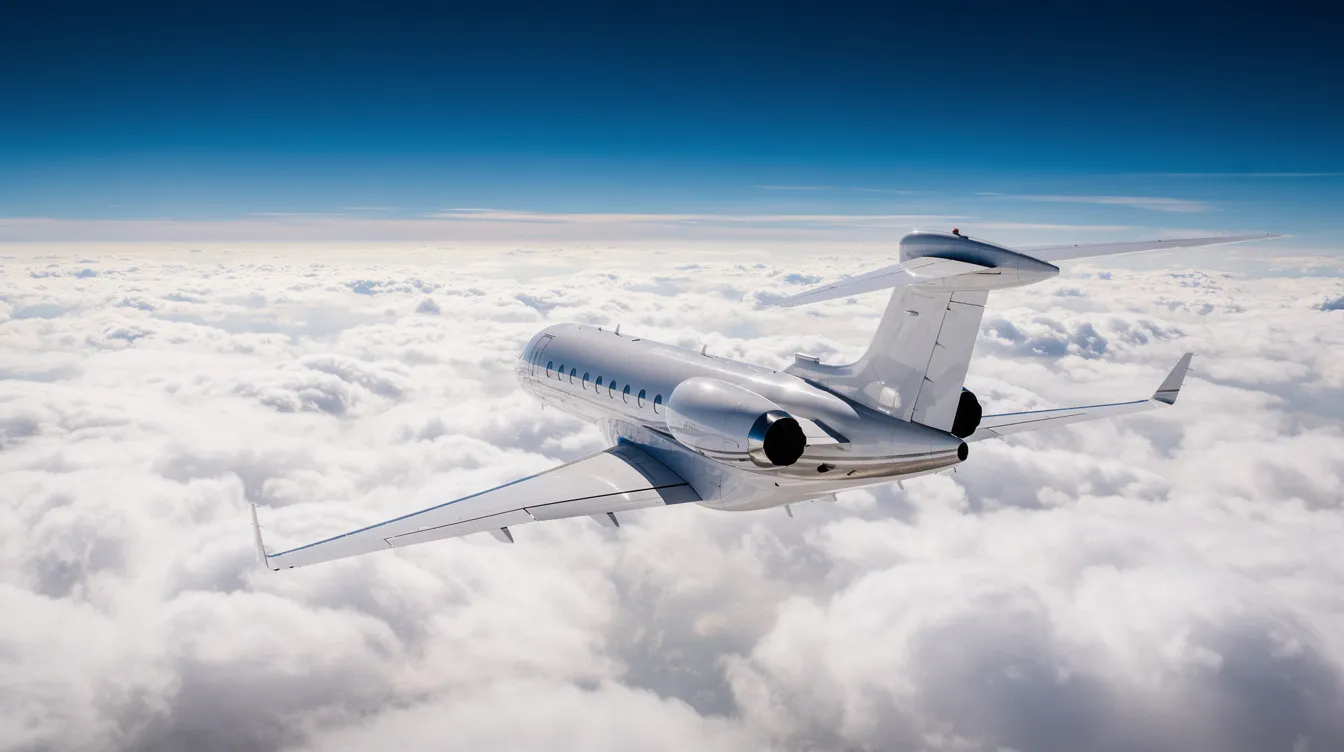 A large business jet soars gracefully above a thick layer of white clouds, set against a vibrant blue sky, showcasing the elegance and luxury of private aviation. This scene captures the essence of private jets, highlighting their ability to provide a serene travel experience above commercial airlines.