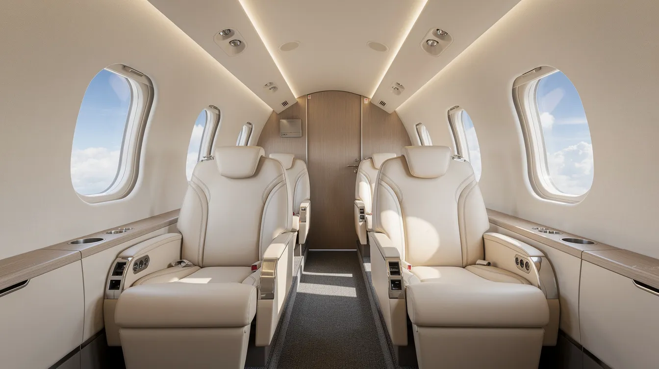 The image depicts the interior of a modern light private jet cabin featuring cream leather seats and oval windows that reveal a clear blue sky outside. This spacious cabin is designed for comfort, ideal for private aviation enthusiasts looking for a luxurious travel experience in the light jet category.