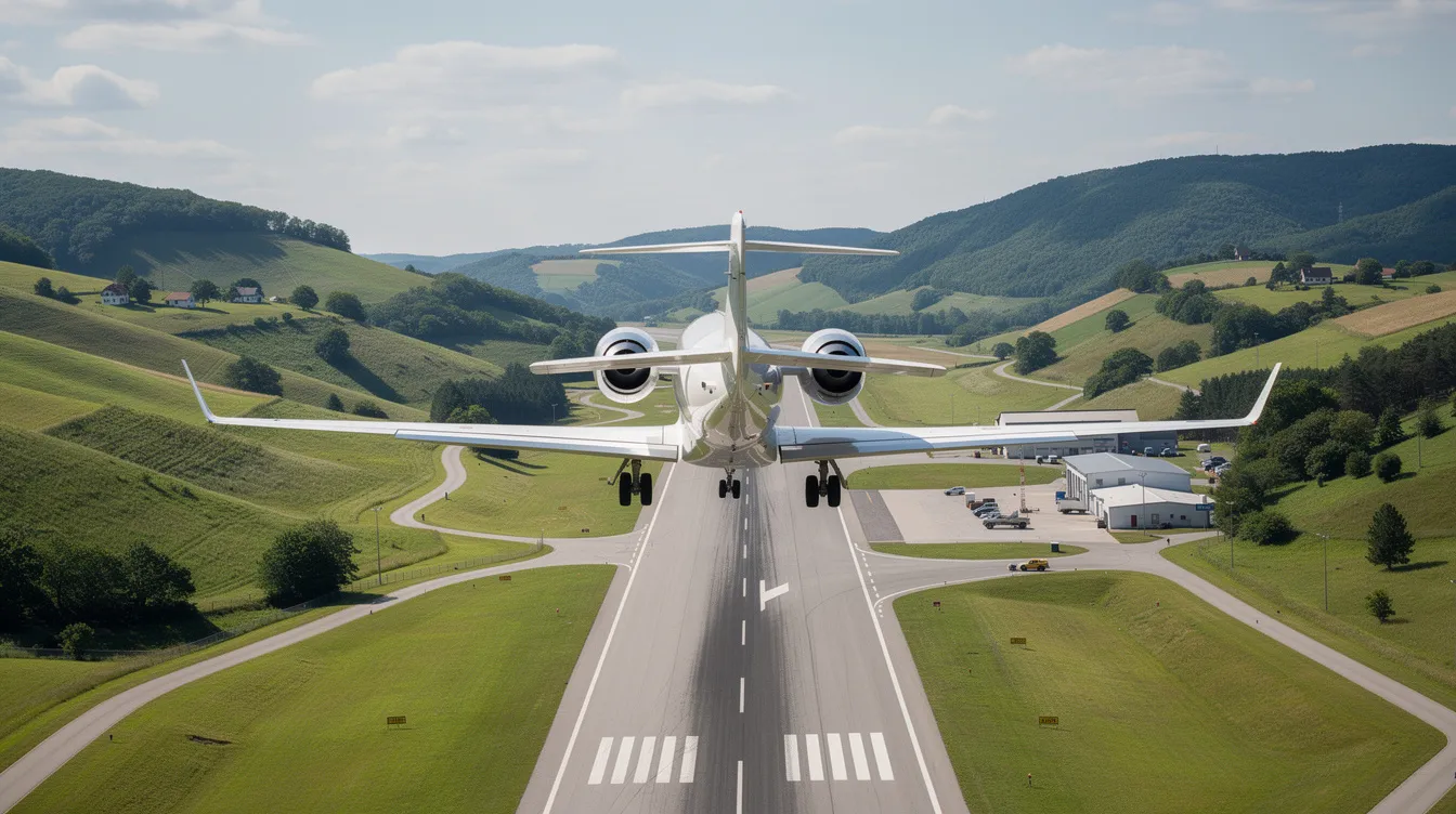 A private jet, possibly a light jet or very light jet, is approaching landing at a small airport nestled among lush green hills, showcasing the beauty of private aviation and the accessibility of smaller airports for private flights. The scene captures the elegance of private aircraft as it prepares to touch down, highlighting the advantages of flying privately over commercial airlines.