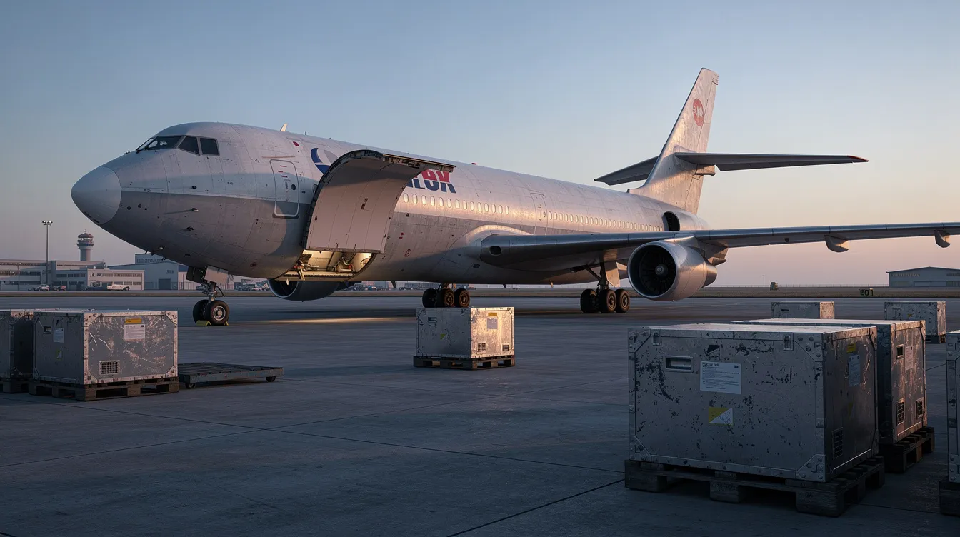 An older widebody cargo aircraft is parked on a remote airport apron, surrounded by cargo containers ready for loading. This transport aircraft is designed for carrying heavy loads over long distances, showcasing its cargo capacity and operational readiness.