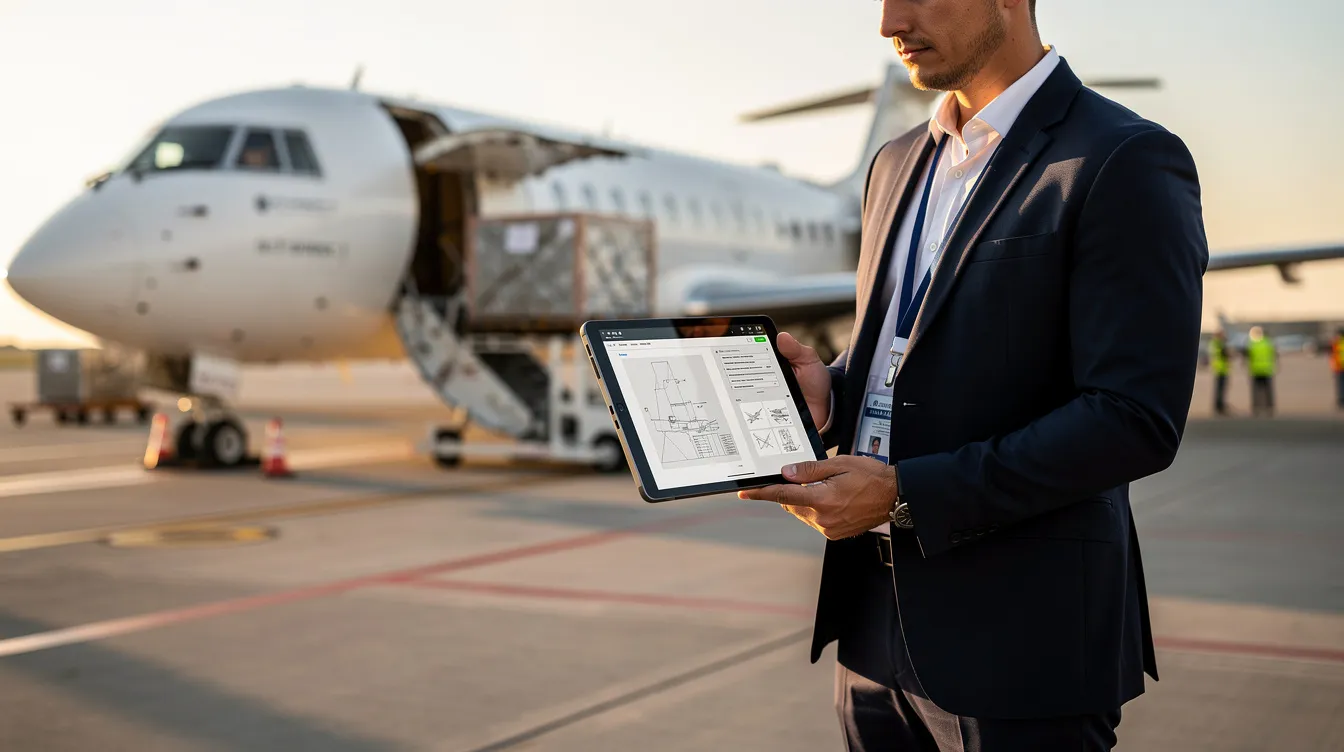 A business aviation professional is standing next to a parked cargo aircraft, reviewing important documents on a tablet. The aircraft, designed for transporting heavy loads and equipped with a cargo door, highlights its capability to carry goods over long distances.