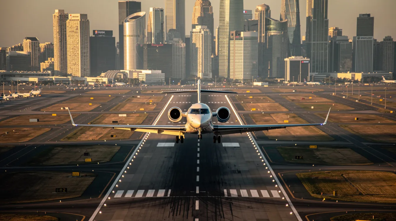 An aerial view captures a private jet approaching a runway with a bustling metropolitan skyline of New York in the background, highlighting the aircraft's sleek design and its potential for immediate delivery. This scene evokes the essence of luxury air travel, showcasing options available for aircraft sales in the region.