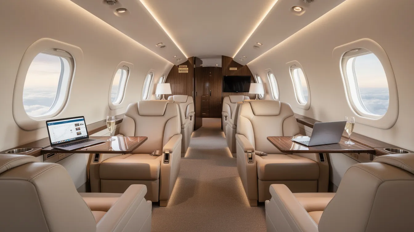 The image showcases the interior of a modern large-cabin business jet, featuring luxurious leather seating and ambient lighting that creates a sophisticated atmosphere. This aircraft, equipped with cutting-edge technology and a fully integrated Garmin panel, represents incredible value for those seeking aircraft for sale in New York.