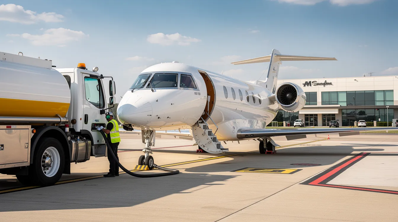 A business jet is being refueled by a fuel truck at a fixed base operator on a sunny day, highlighting the ongoing costs associated with private aviation, such as fuel and maintenance expenses. The scene captures the essence of aircraft ownership, emphasizing the importance of managing variable operational costs for private pilots.