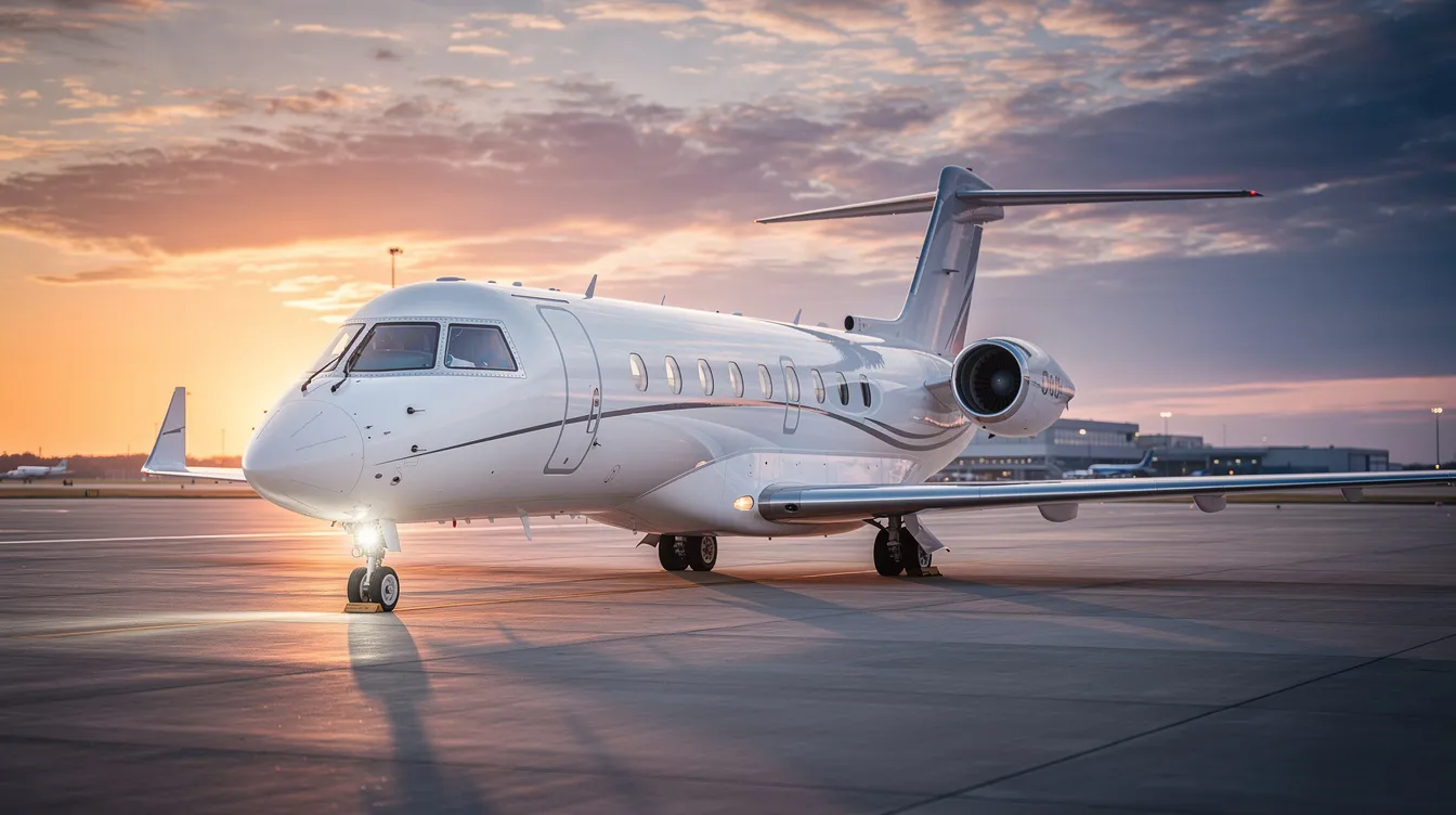 A midsize business jet is taxiing on a runway at sunset, showcasing its sleek design against a vibrant orange and purple sky. This private jet represents a significant investment in the private aviation market, highlighting the ongoing costs associated with aircraft ownership, such as maintenance and fuel expenses.