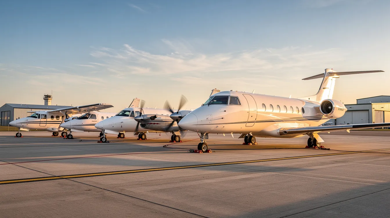 The image depicts a variety of aircraft parked on a general aviation ramp, showcasing different sizes from small piston planes to large business jets. This scene highlights the diversity within the private aviation market, where ownership costs, maintenance costs, and fuel costs can vary significantly based on aircraft type.