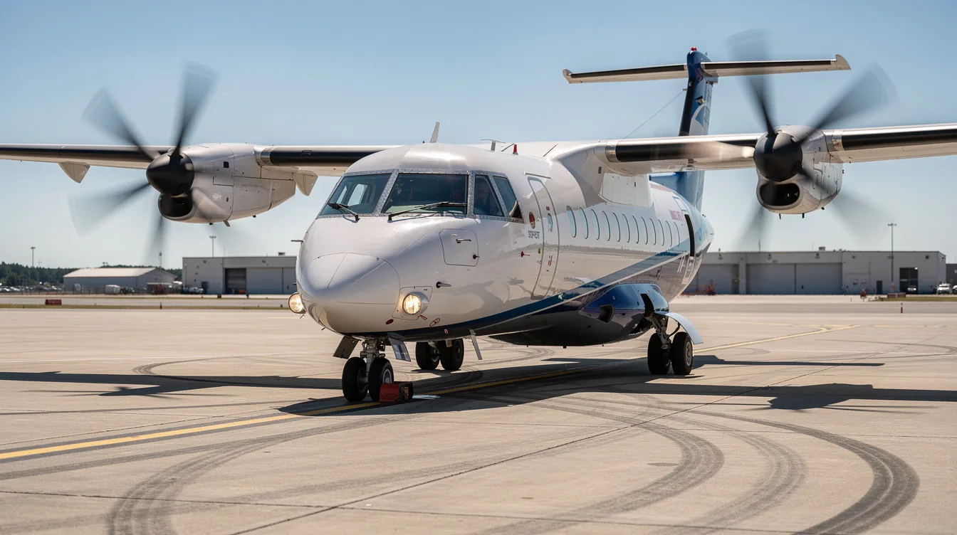 A twin-engine turboprop aircraft is taxiing on an airport tarmac under clear skies, showcasing its sleek design and modern avionics upgrades. This small plane is often associated with private aviation, highlighting considerations such as ownership costs and ongoing expenses for aircraft owners.